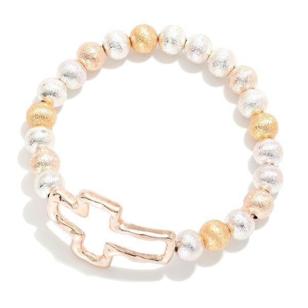 Textured Metal Beaded Stretch Bracelet Featuring Hollow Hammered Metal Cross Accent - The Mustard Seed Collection, The Seed