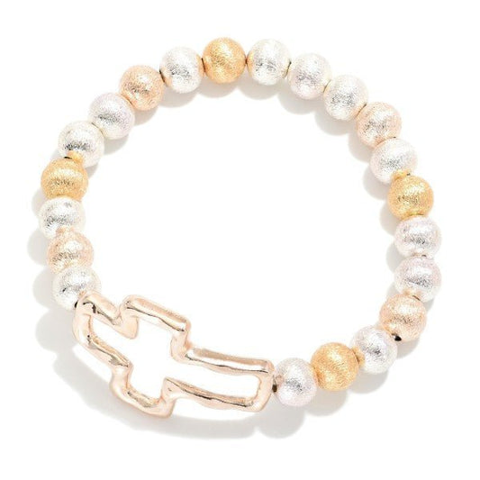 Textured Metal Beaded Stretch Bracelet Featuring Hollow Hammered Metal Cross Accent - The Mustard Seed Collection, The Seed