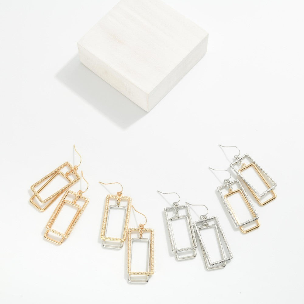 Textured Metal Nesting Rectangles Drop Earrings Silver Gold