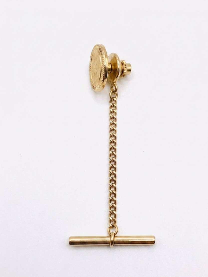 Vintage Men's Gold-Tone Textured Oval Tie Tack with Chain & T-Bar
