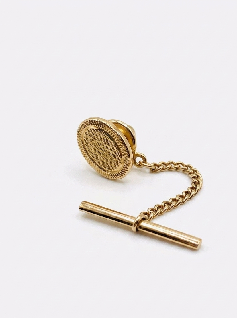 Vintage Men's Gold-Tone Textured Oval Tie Tack with Chain & T-Bar
