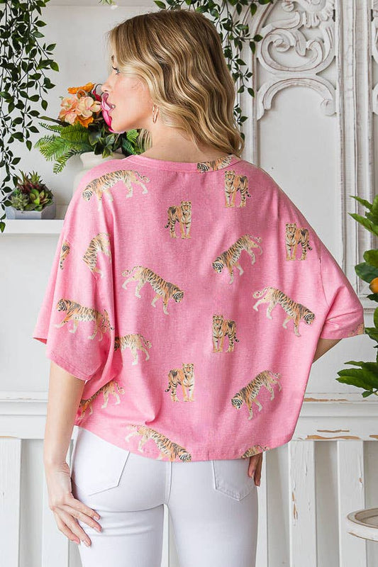 Tiger Print TriBlend Women's Knit Top: Vintage Fuchsia 