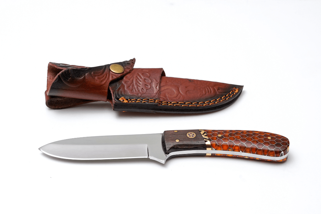 Titan International Knives Satin Finish Hunter — Amber Honeycomb & Wood Hybrid Handle — Bushcraft & Skinning Knife - The Mustard Seed Collection, The Seed