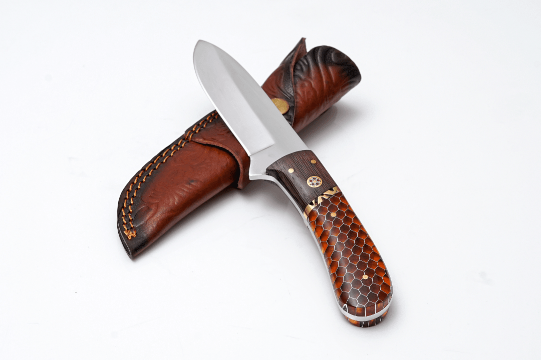 Titan International Knives Satin Finish Hunter — Amber Honeycomb & Wood Hybrid Handle — Bushcraft & Skinning Knife - The Mustard Seed Collection, The Seed