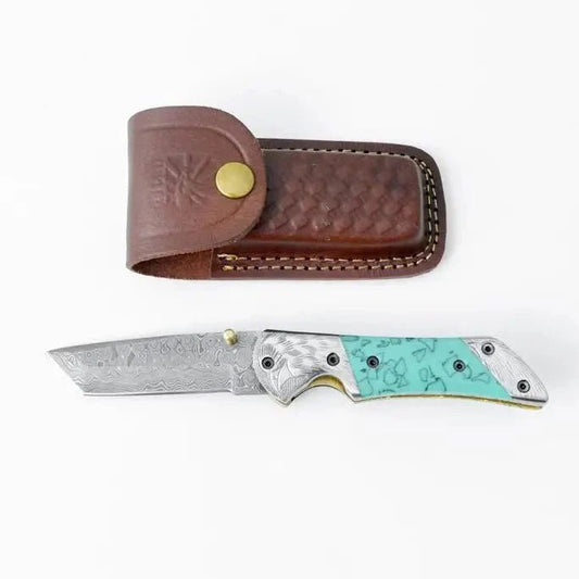 Titan Turquoise Resin Damascus Tanto blade 