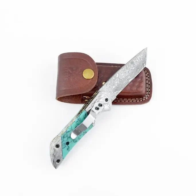 Titan Turquoise Resin Damascus Tanto blade 
