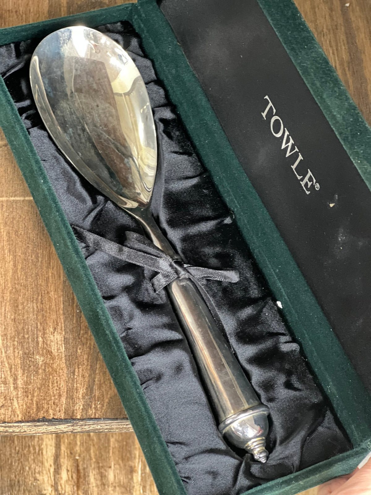Towle Silver-Plated Serving Spoon with Finial Handle in Original Green Velvet Gift Box