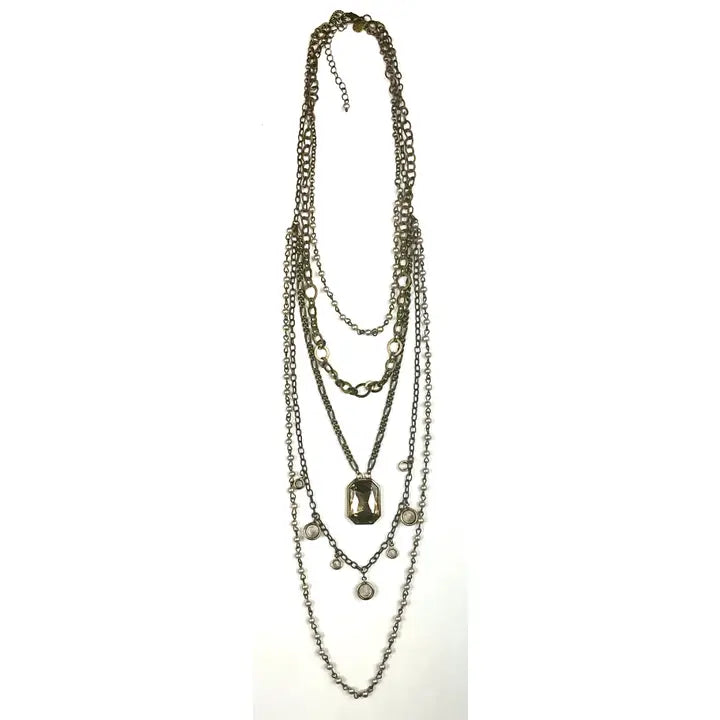 Multi Layer Strand Chain Pearl & Edged Glass Drop Necklace