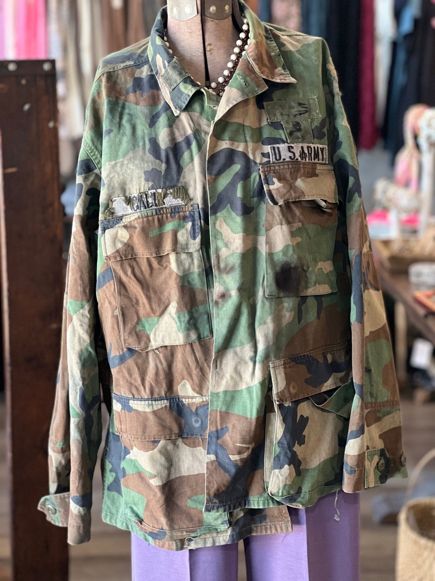 US Army Woodland Camo Jacket: Worn Patches - The Mustard Seed Collection, The Seed