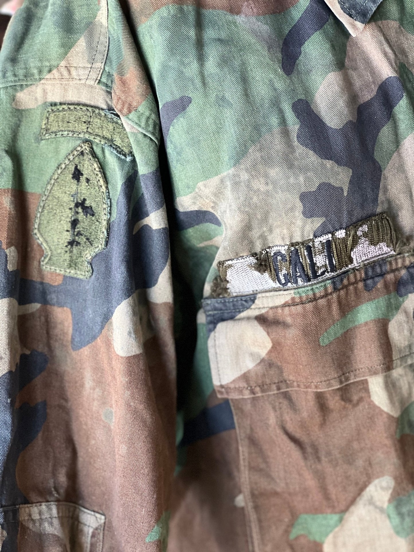 US Army Woodland Camo Jacket: Worn Patches - The Mustard Seed Collection, The Seed