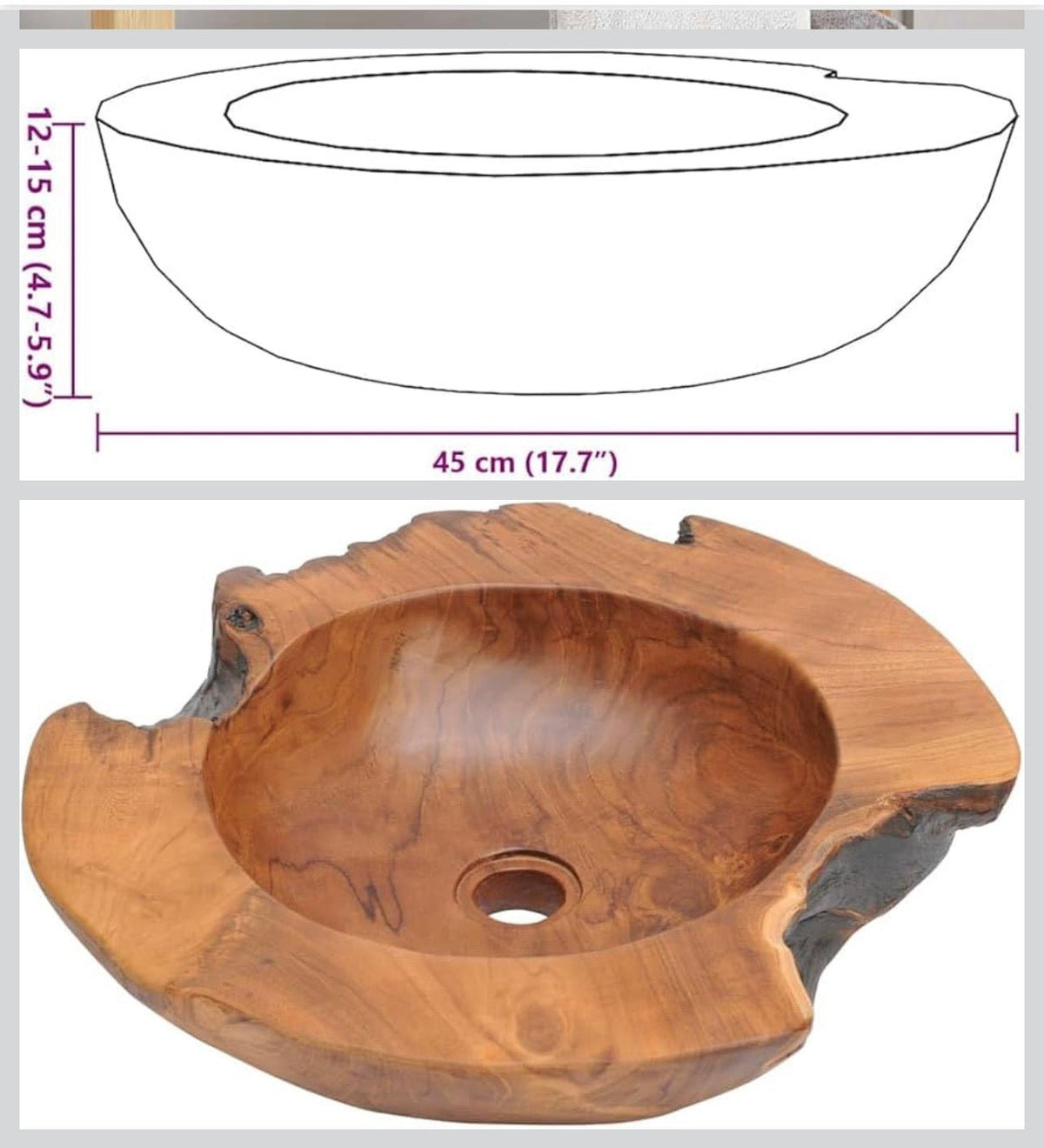 vidaXL Sink Basin Solid Teak 45 cm 