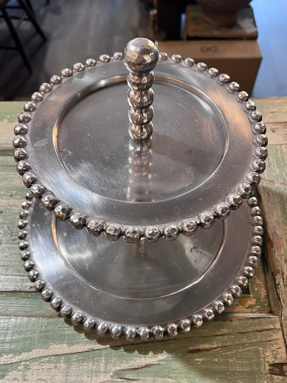 Vintage Beaded Pewter 2 Tier Display/Cake/Cookie/Decor Standhome decor