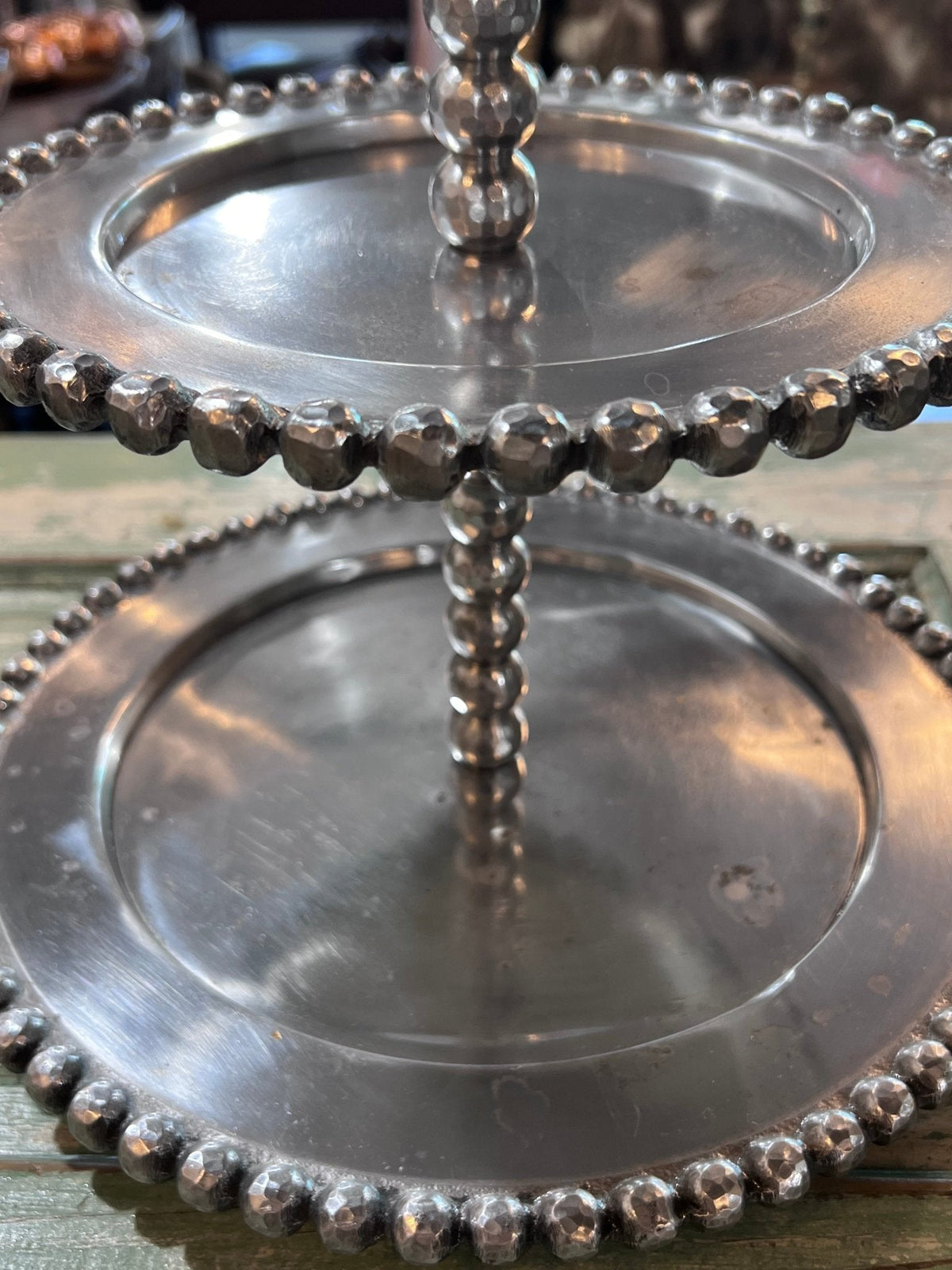 Vintage Beaded Pewter 2 Tier Display/Cake/Cookie/Decor Standhome decor