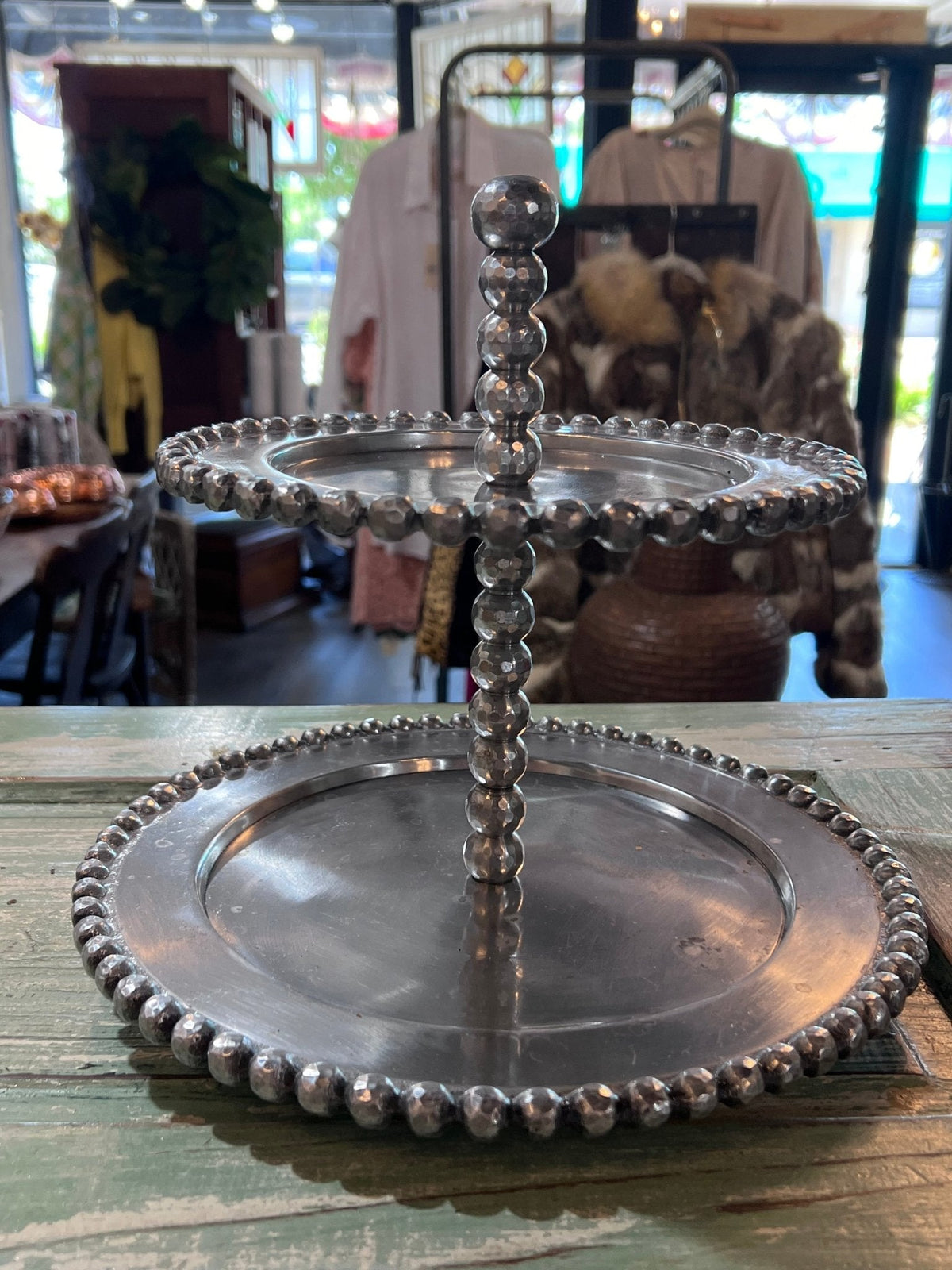 Vintage Beaded Pewter 2 Tier Display/Cake/Cookie/Decor Standhome decor