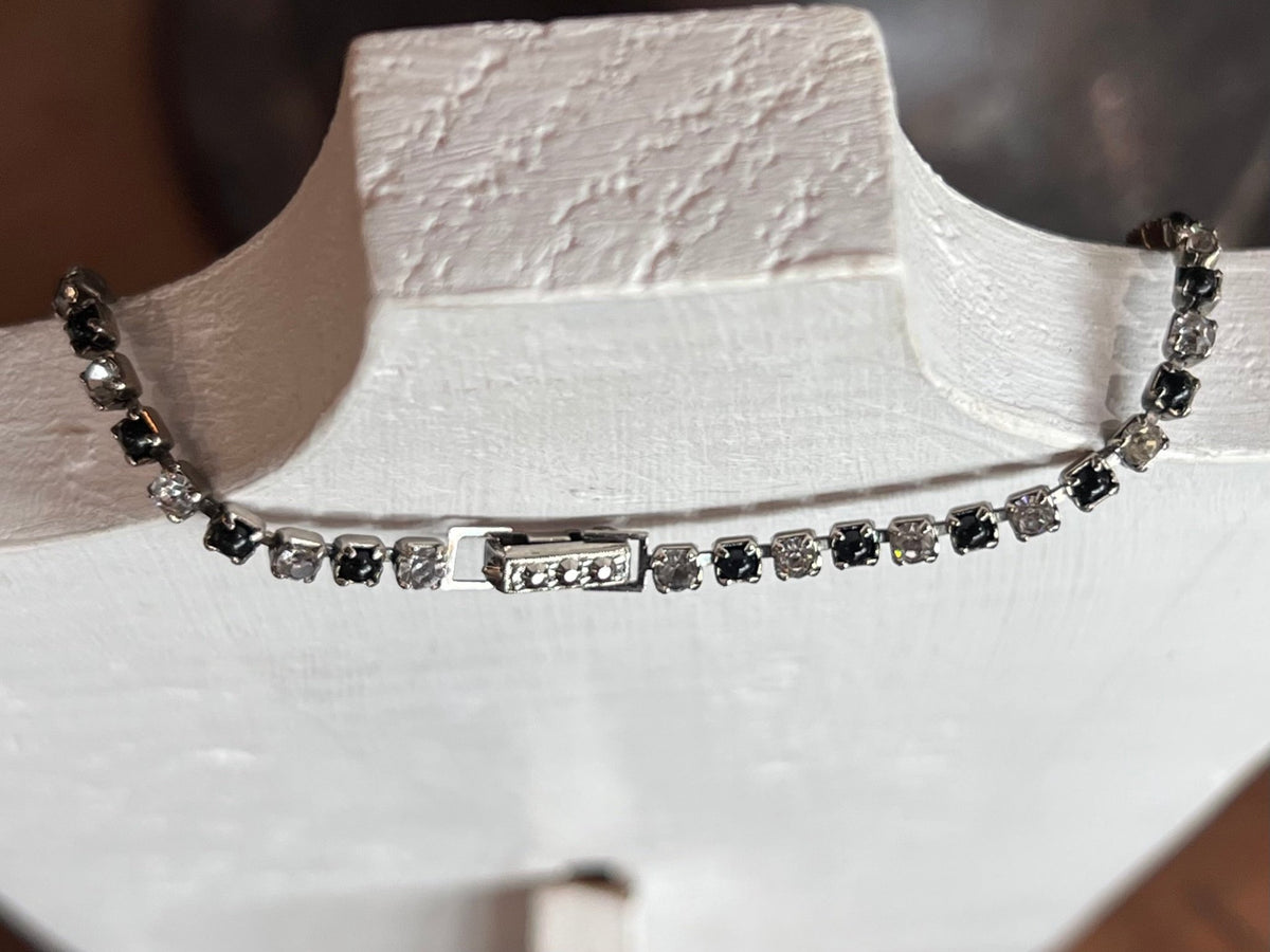Vintage Black & Clear Rhinestones Tennis Choker Necklace - 14" Silver-ToneNecklace