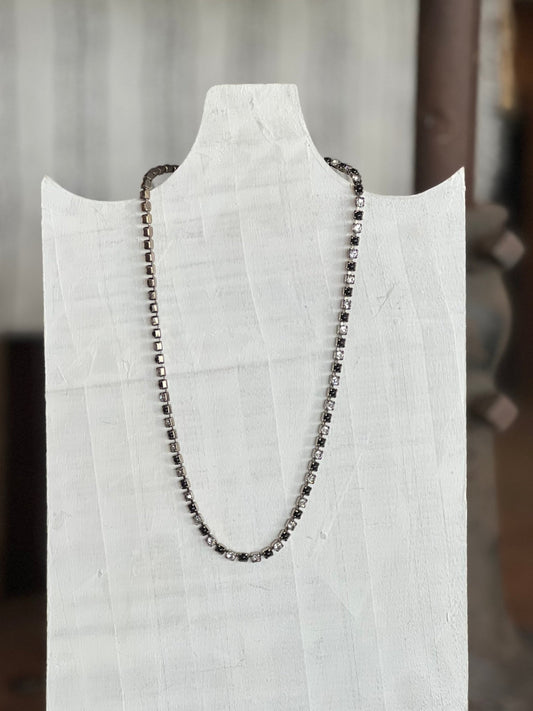 Vintage Black &amp; Clear Rhinestones Tennis Choker Necklace - 14" Silver-Tone