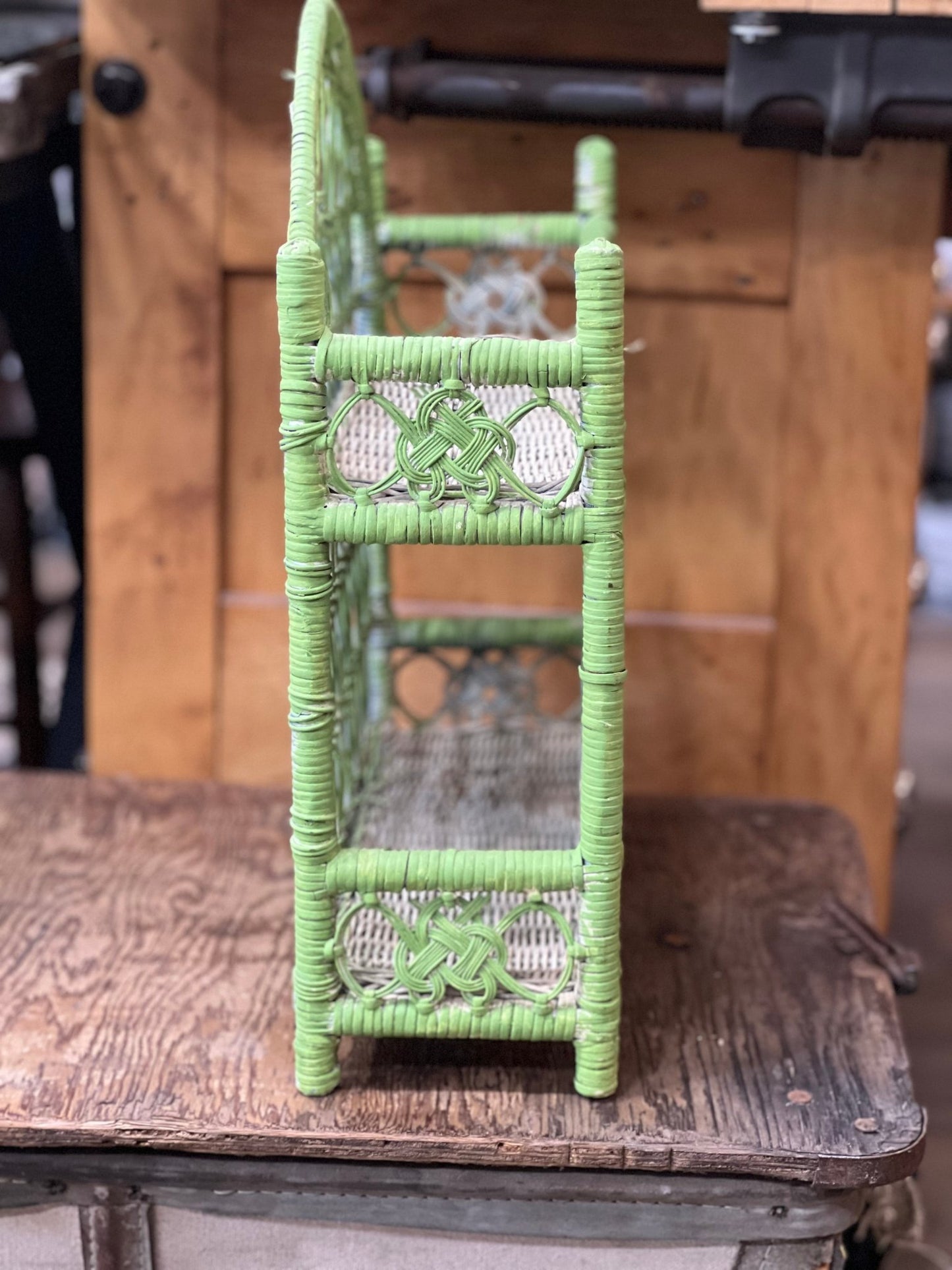 Vintage Boho Wicker & Rattan 2-Tier Tabletop Shelf - Lime Green - The Mustard Seed Collection, The Seed