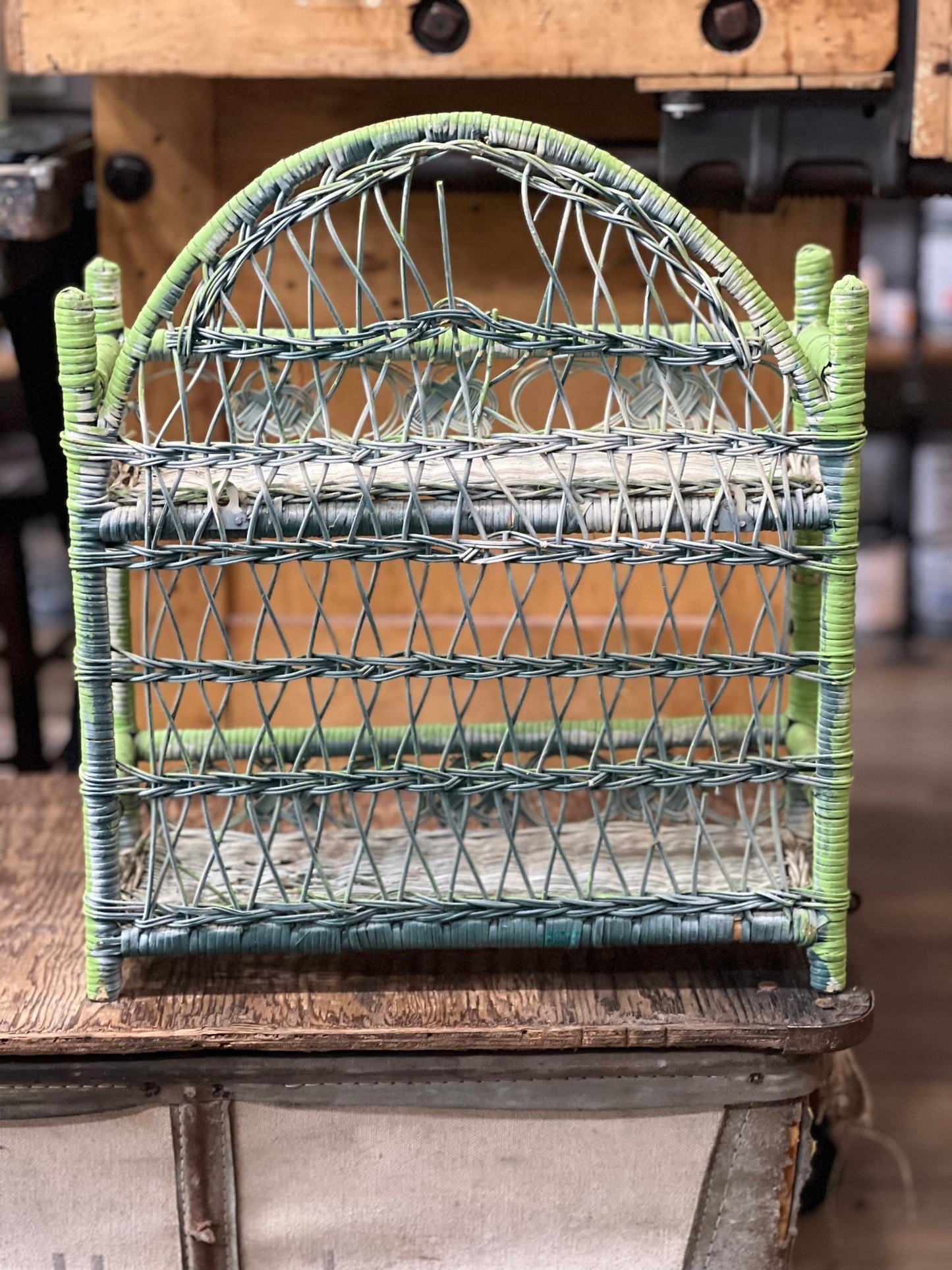 Vintage Boho Wicker & Rattan 2-Tier Tabletop Shelf - Lime Green - The Mustard Seed Collection, The Seed