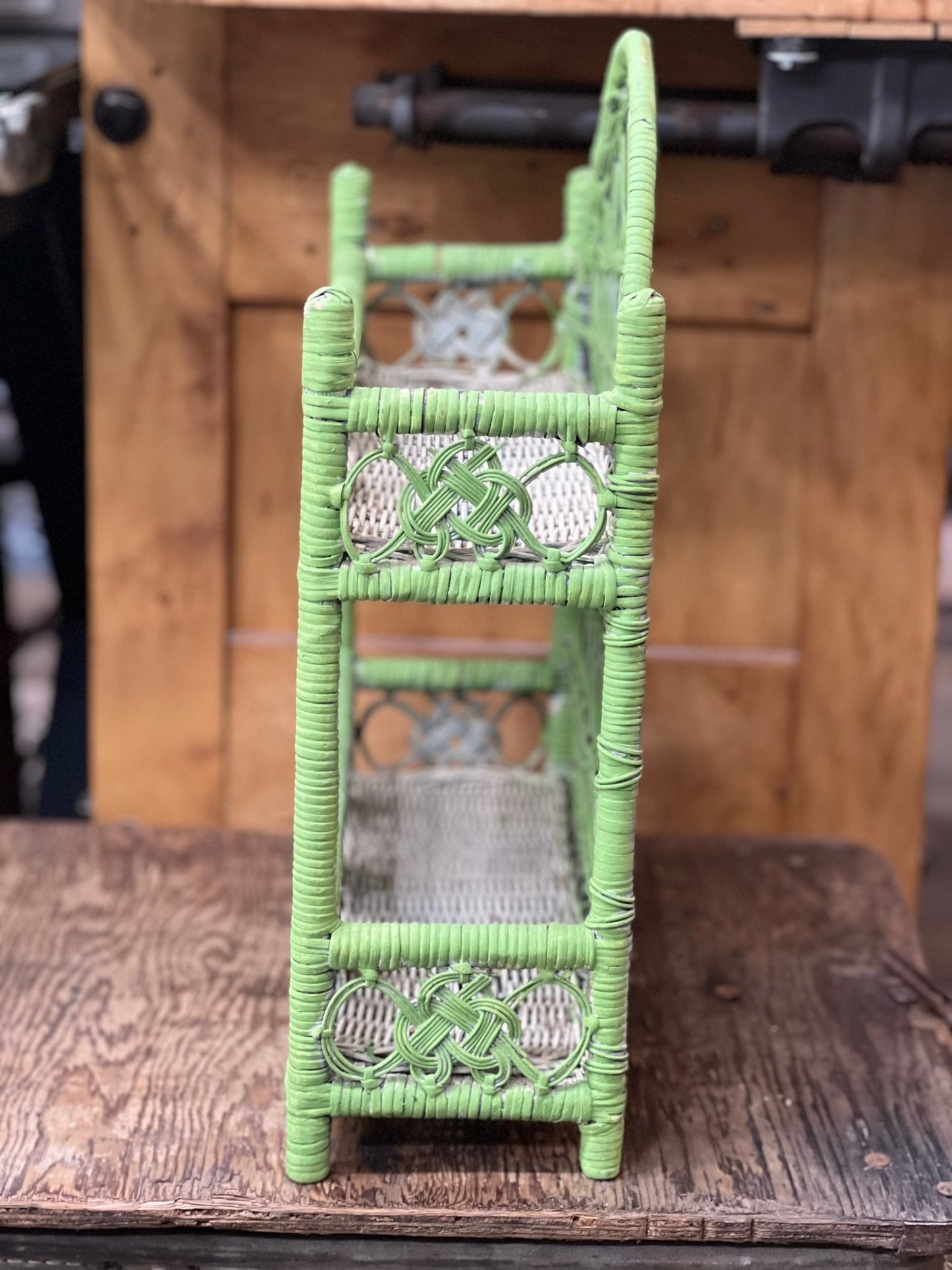 Vintage Boho Wicker & Rattan 2-Tier Tabletop Shelf - Lime Green - The Mustard Seed Collection, The Seed