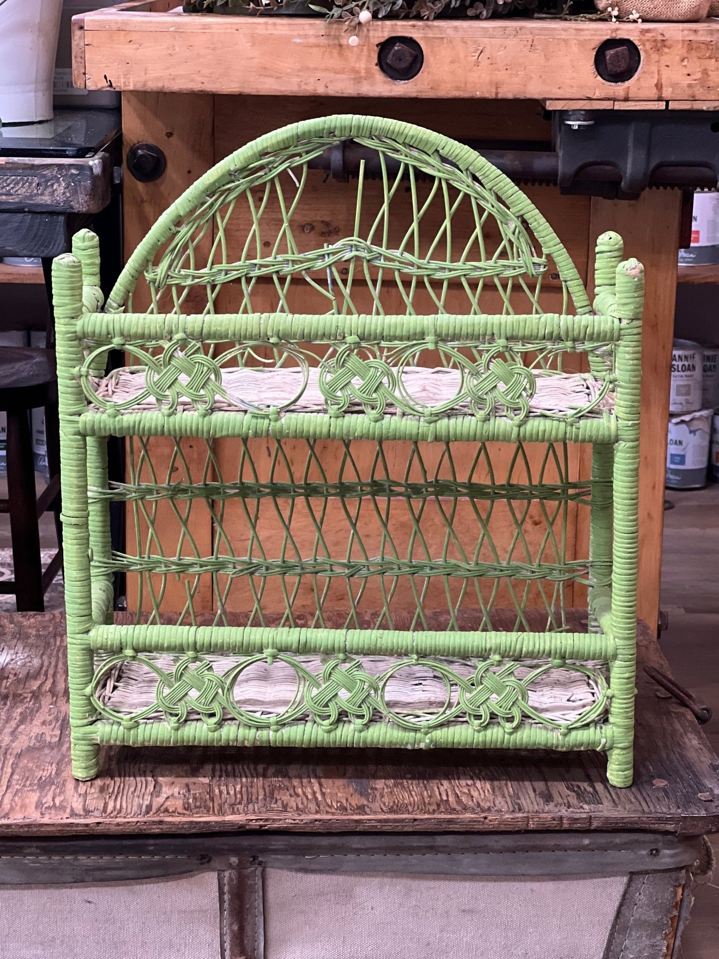Vintage Boho Wicker & Rattan 2-Tier Tabletop Shelf - Lime Green - The Mustard Seed Collection, The Seed