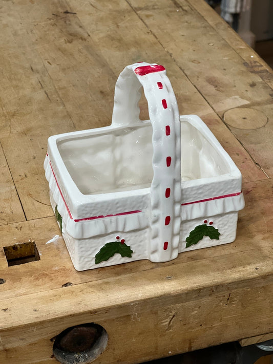 Vintage Ceramic Holly & Berry Ruffled Christmas Basket Planter