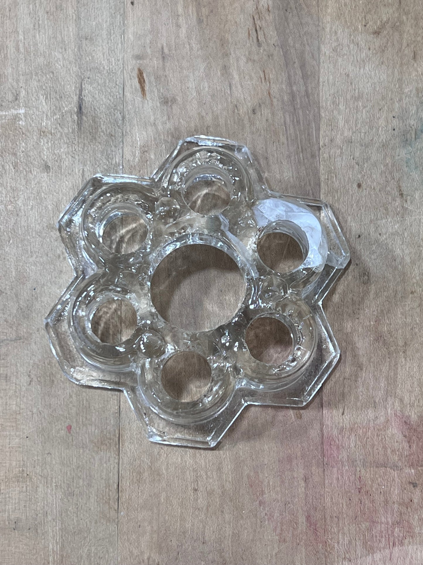 Vintage Clear Glass Flower Frog with big opening in the middle 1.25" x 4" x 4"