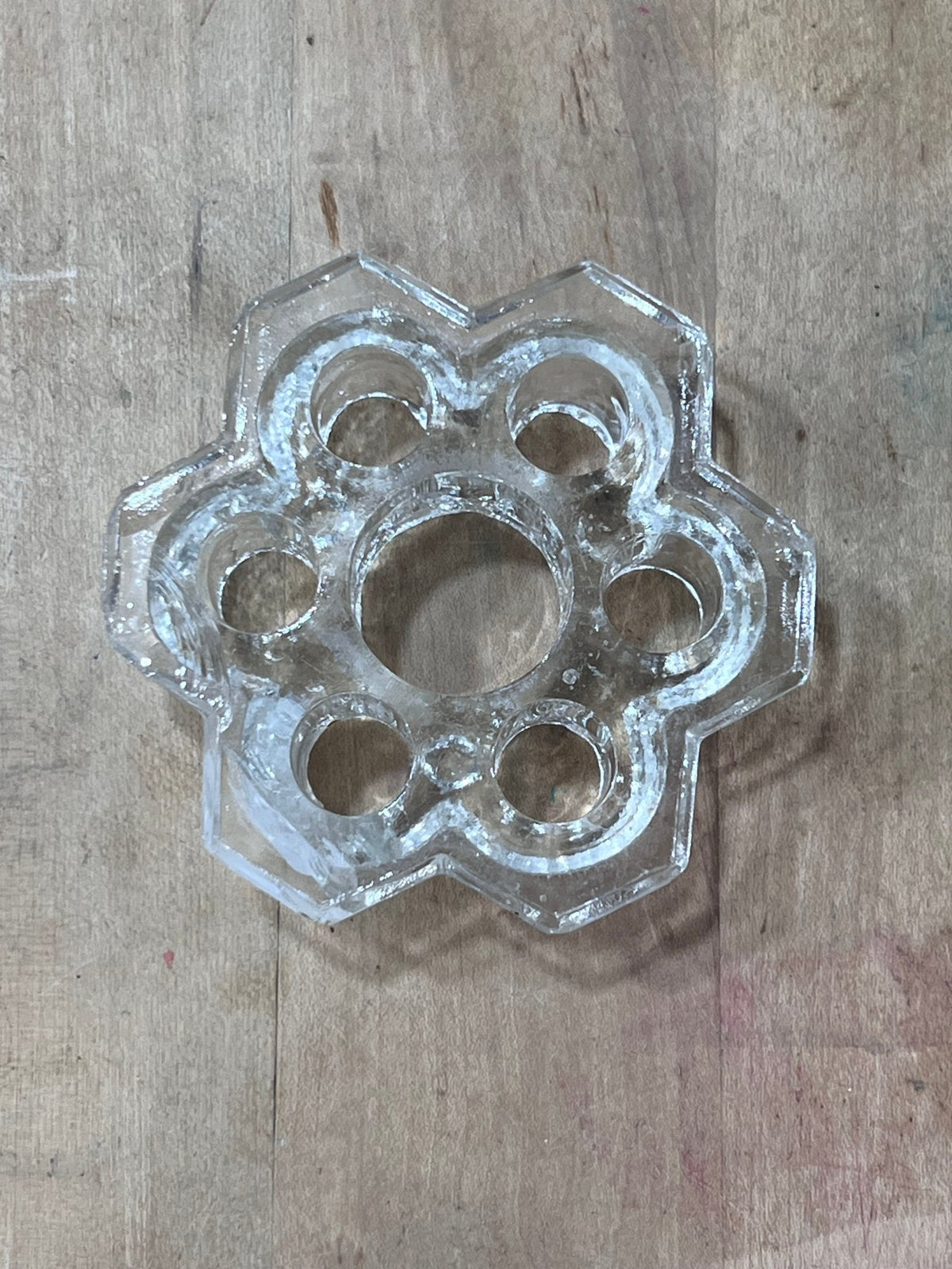 Vintage Clear Glass Flower Frog with big opening in the middle 1.25" x 4" x 4" 