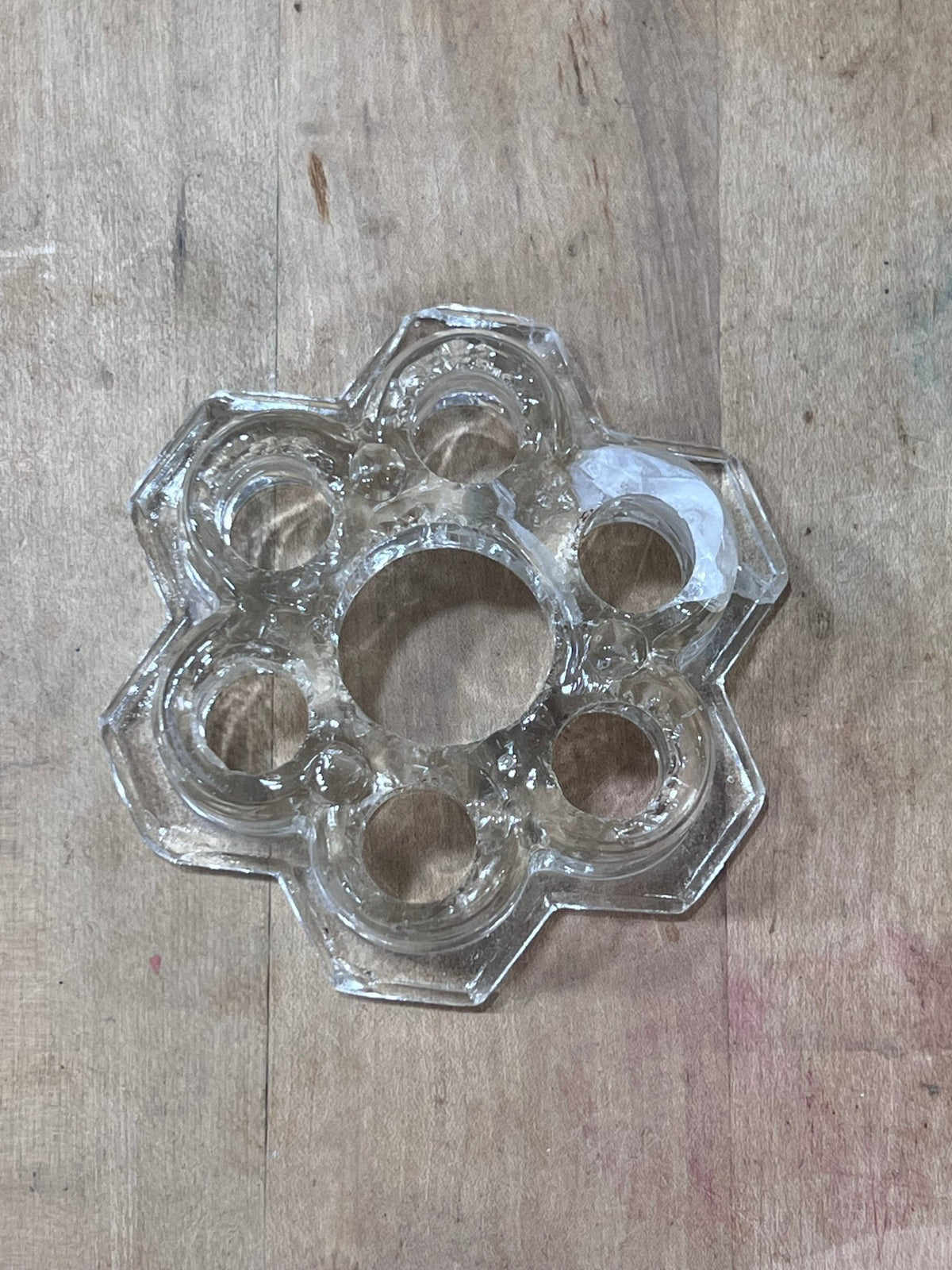 Vintage Clear Glass Flower Frog with big opening in the middle 1.25" x 4" x 4" 