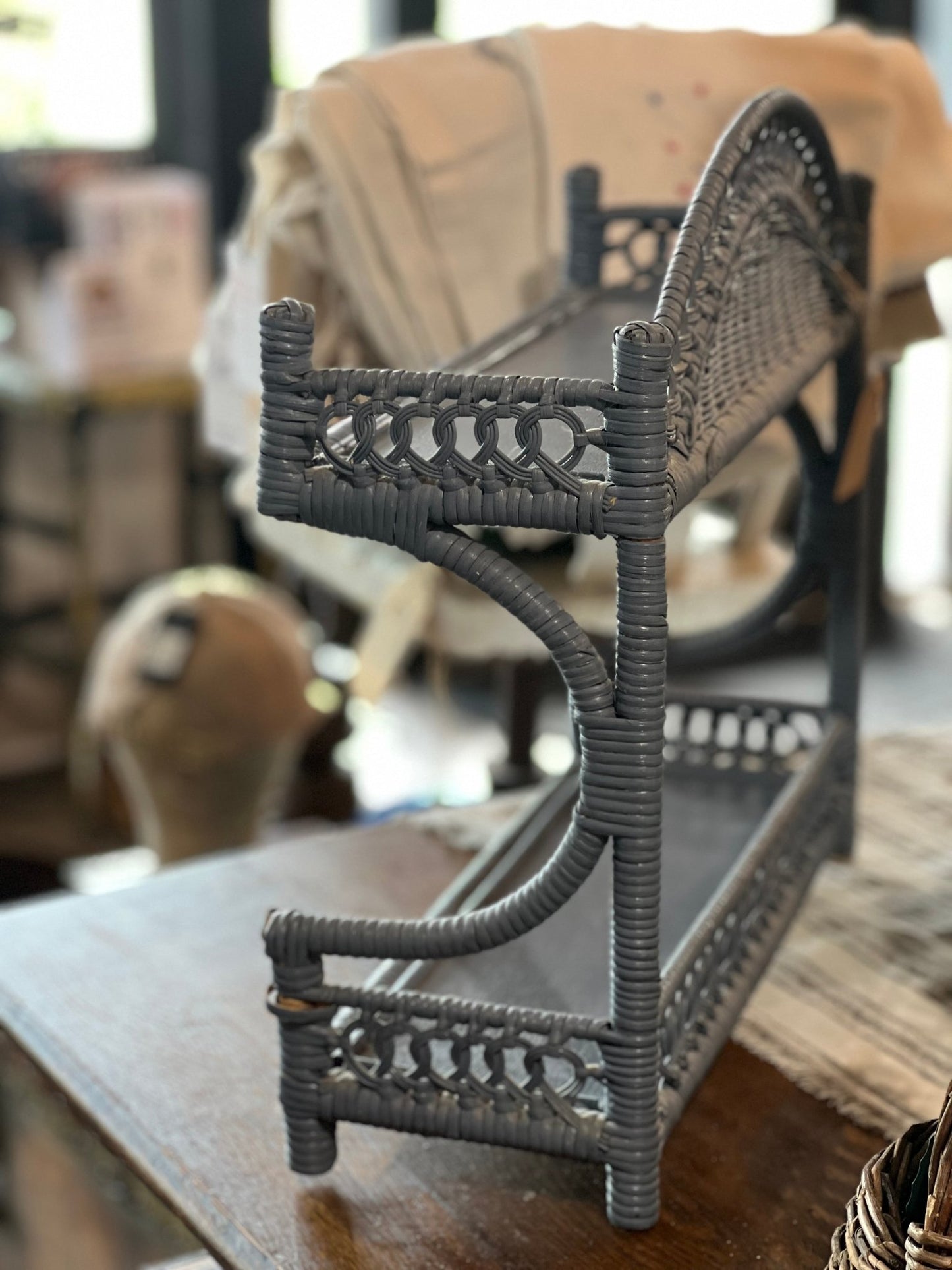 Vintage Coastal Slate Blue Wicker Rattan 2-Tier Wall Shelf - The Mustard Seed Collection, The Seed