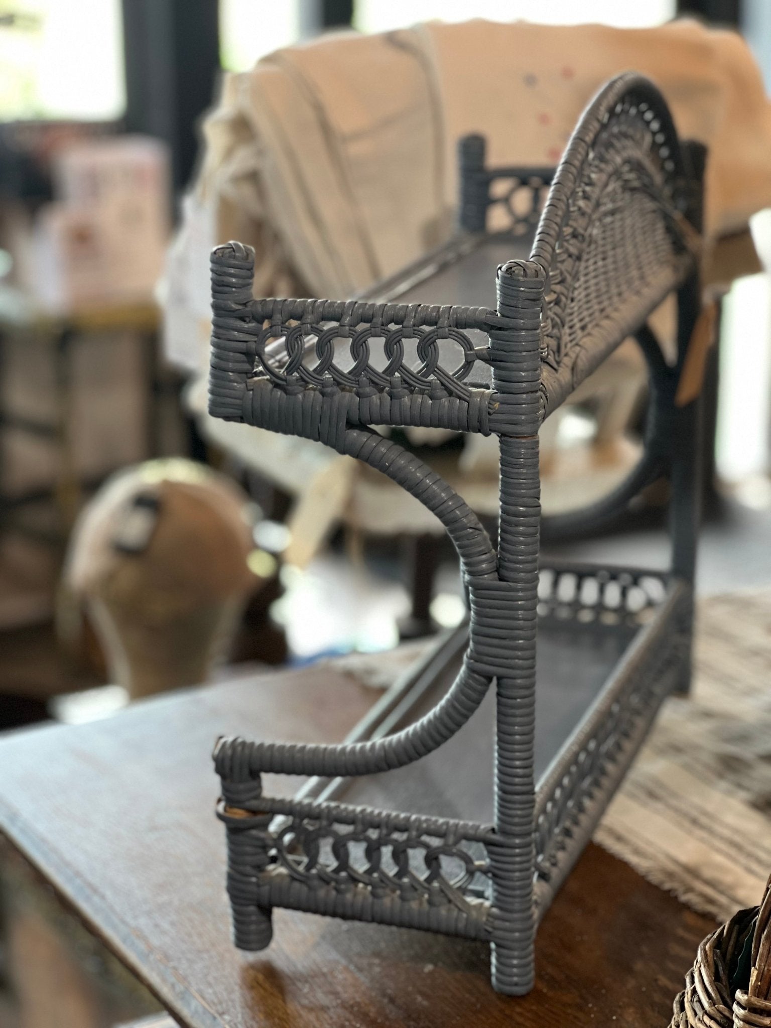 Vintage Coastal Slate Blue Wicker Rattan 2-Tier Wall Shelf - The Mustard Seed Collection, The Seed