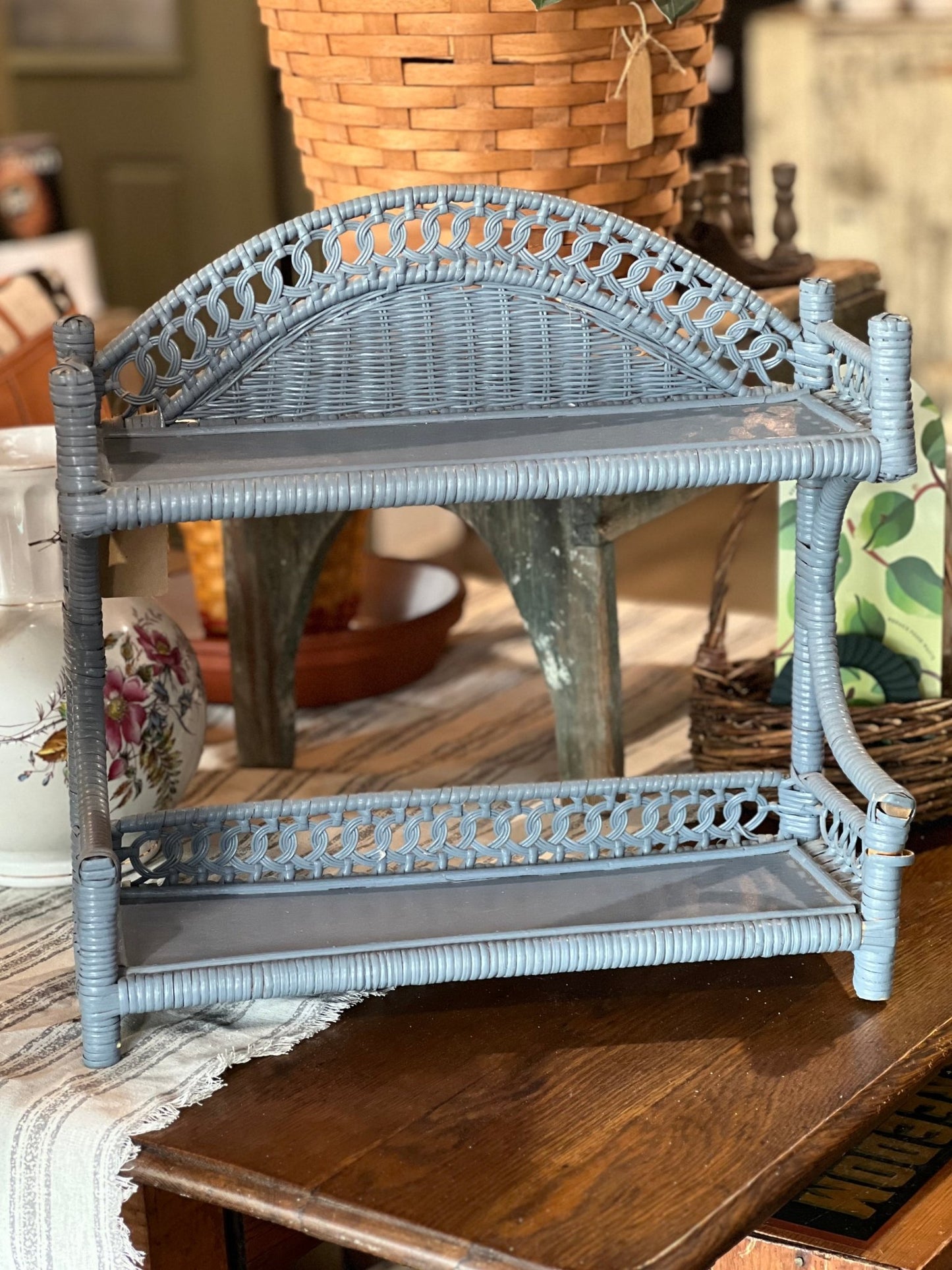 Vintage Coastal Slate Blue Wicker Rattan 2-Tier Wall Shelf - The Mustard Seed Collection, The Seed