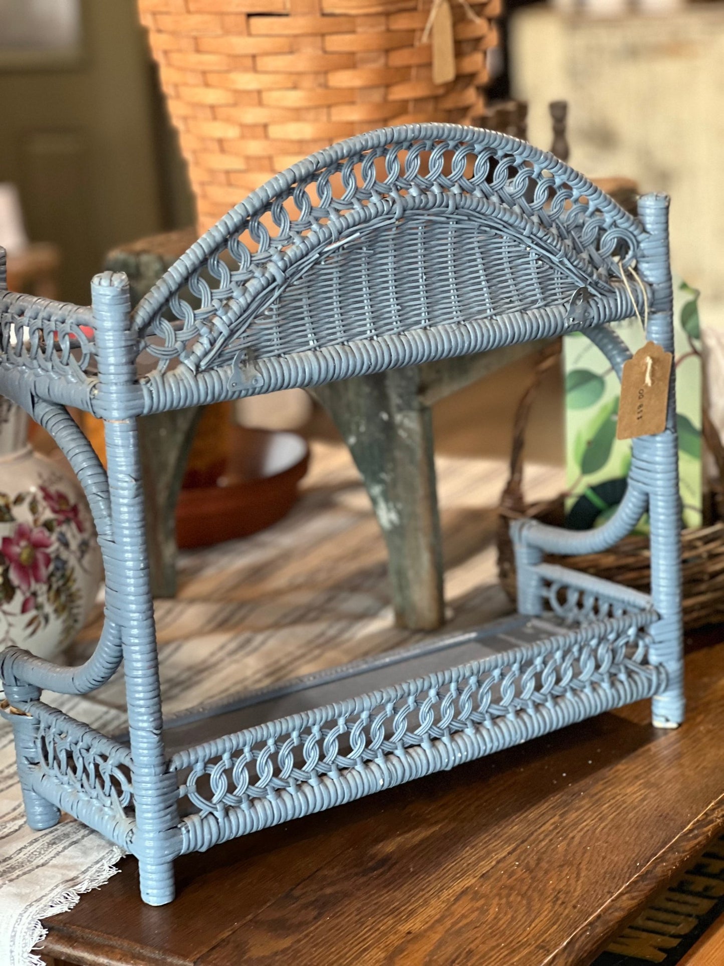 Vintage Coastal Slate Blue Wicker Rattan 2-Tier Wall Shelf - The Mustard Seed Collection, The Seed