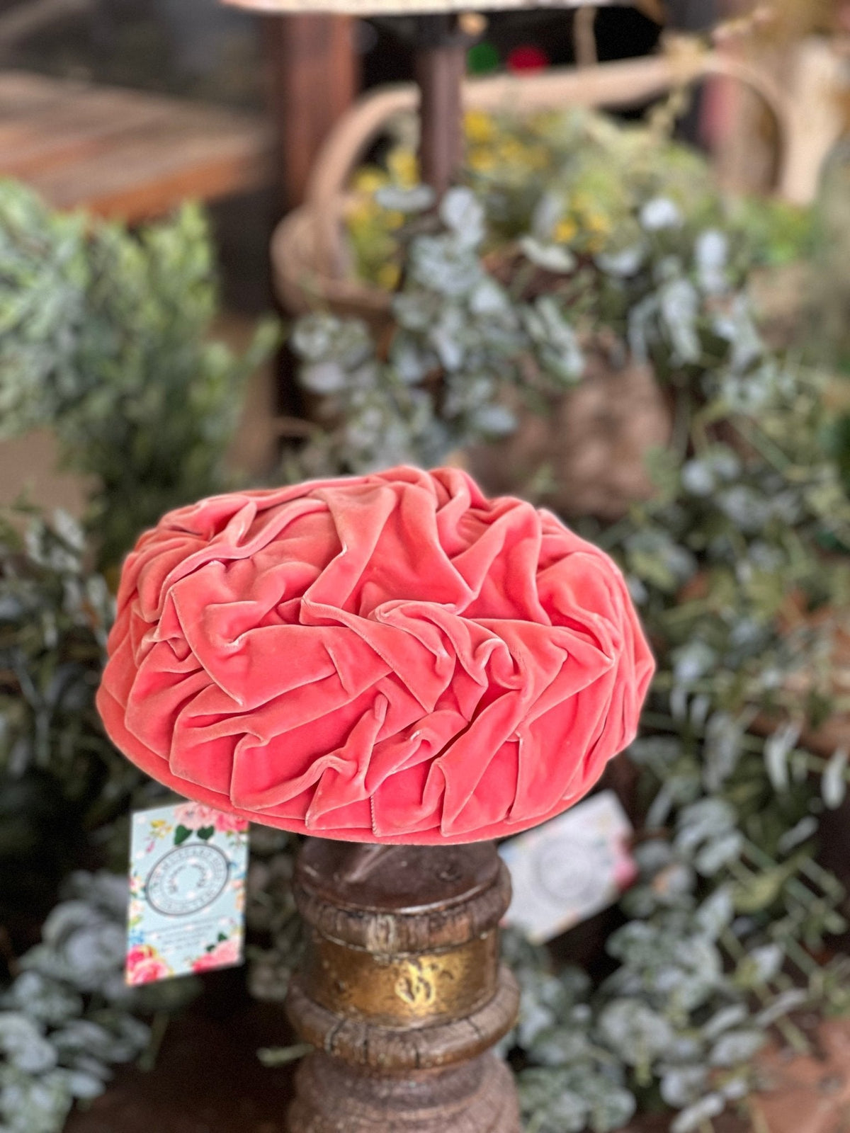 Vintage Coral Pink Velvet Turban Hat - The Mustard Seed Collection, The Seed