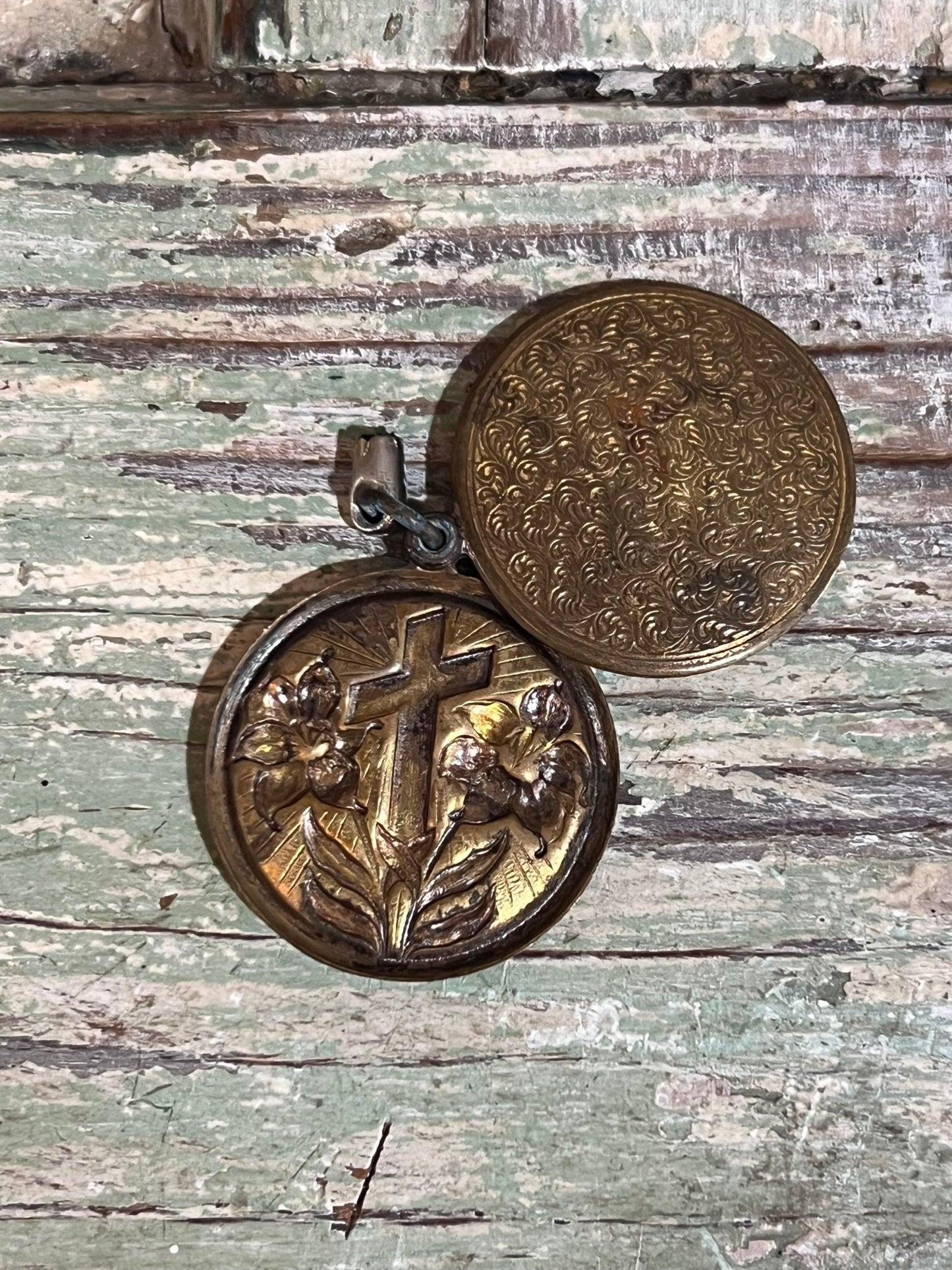 Vintage Cross & Lily Locket with Lord's Prayer