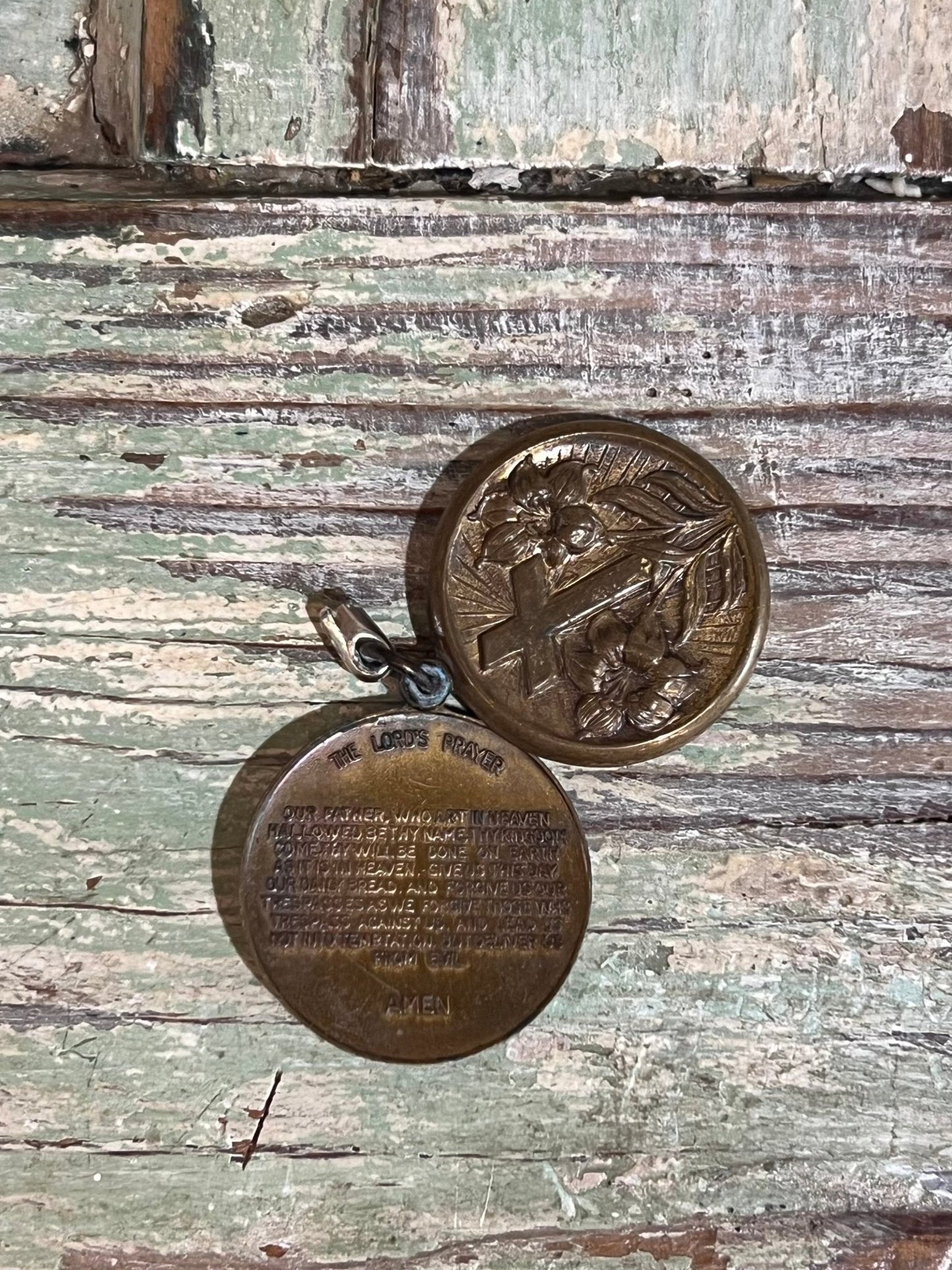 Vintage Cross & Lily Locket with Lord's Prayer