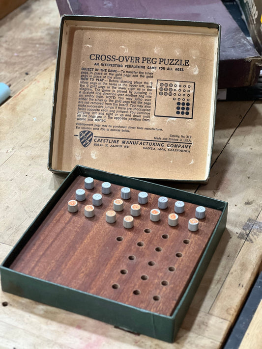 Vintage Cross-Over Peg Puzzle by Crestline Manufacturing Co. – Mid-Century Wooden Brain Teaser 