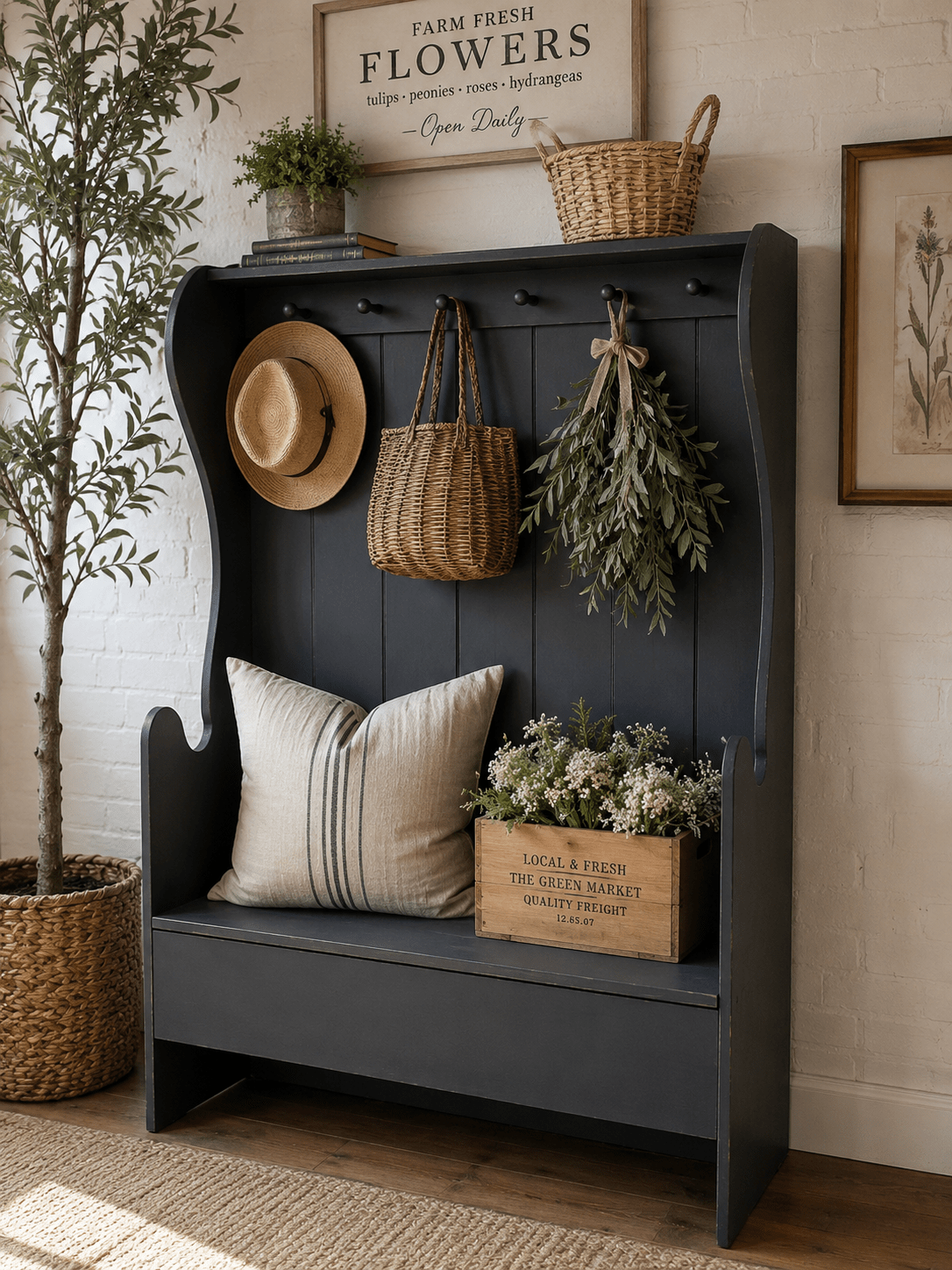 Vintage Farmhouse Hall Tree Mudroom Bench – Charcoal Black - The Mustard Seed Collection, The Seed