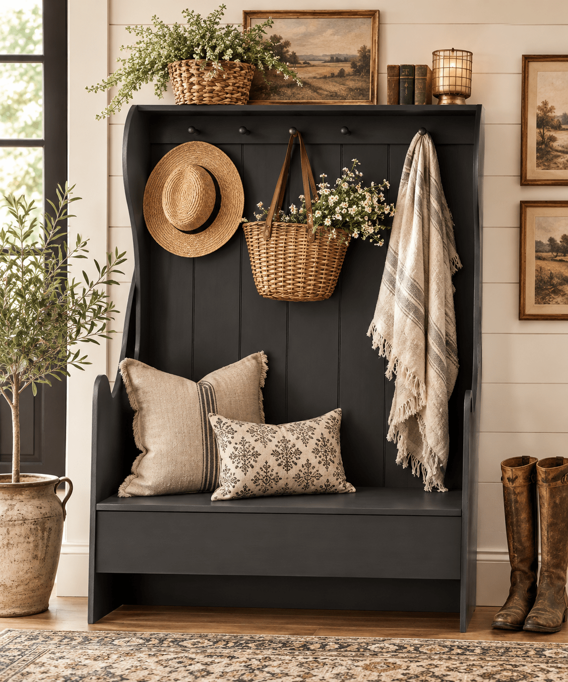 Vintage Farmhouse Hall Tree Mudroom Bench – Charcoal Black - The Mustard Seed Collection, The Seed