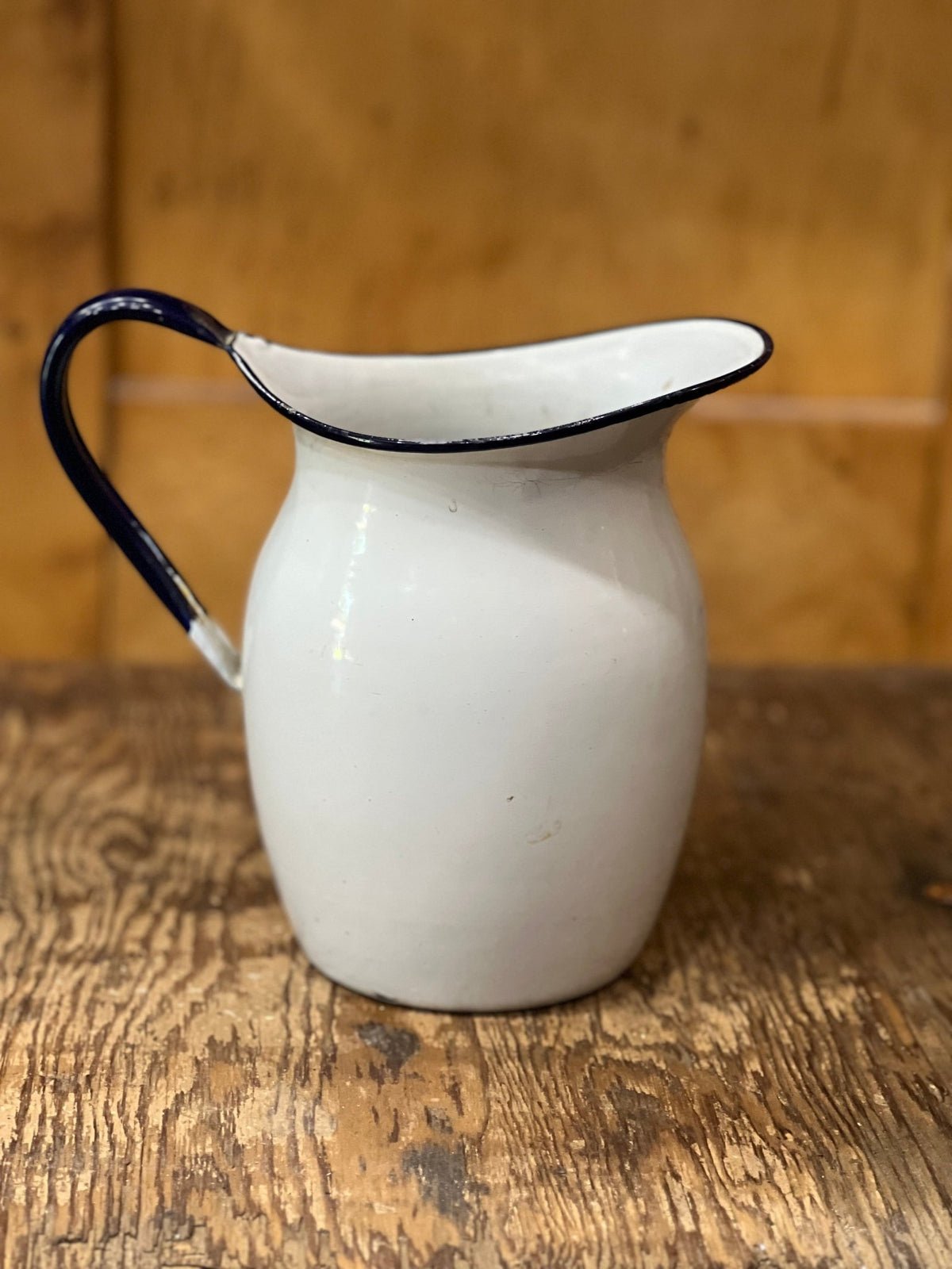 Vintage Farmhouse White Enamelware Pitcher with Cobalt Blue Trim - The Mustard Seed Collection, The Seed