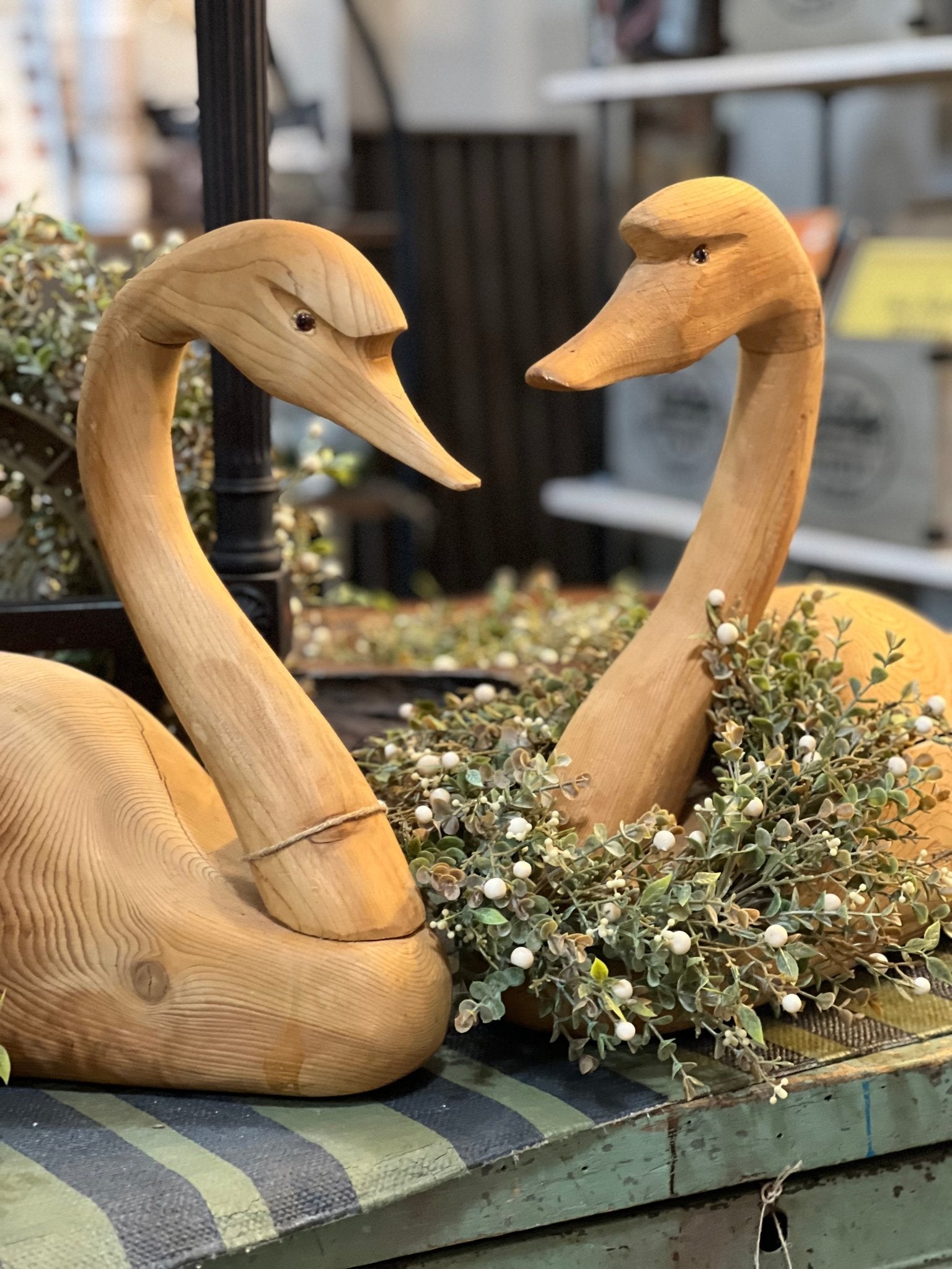 Vintage Hand-Carved Solid Wood Swan Decoys / Sculptures - Pair - The Mustard Seed Collection, The Seed