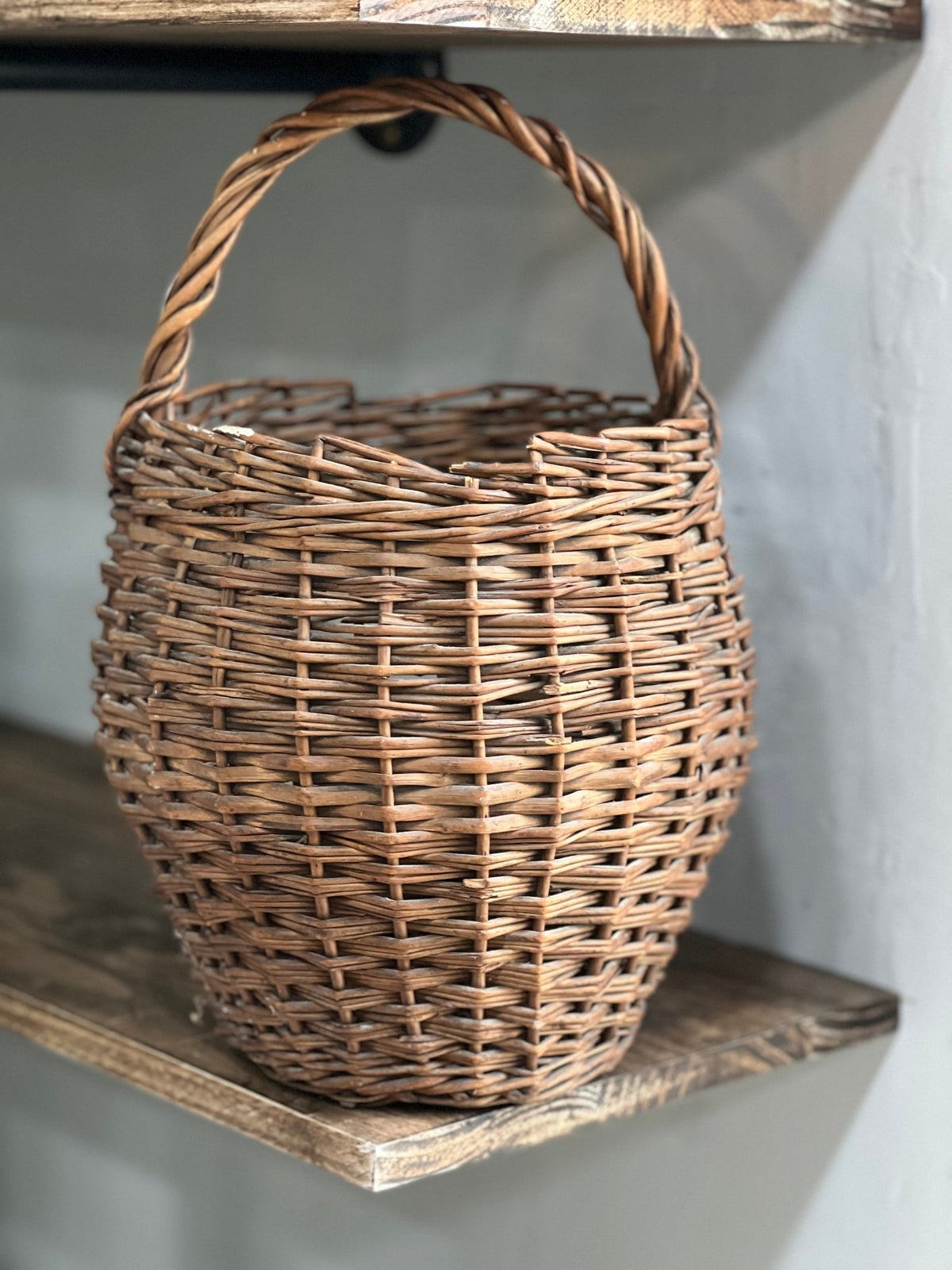 Vintage Handwoven Willow Gathering Basket with Twisted Handle – 15" Farmhouse Basket