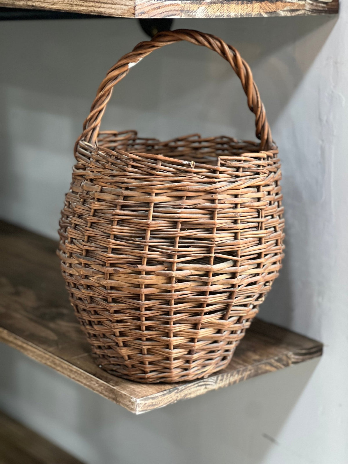 Vintage Handwoven Willow Gathering Basket with Twisted Handle – 15" Farmhouse Basket