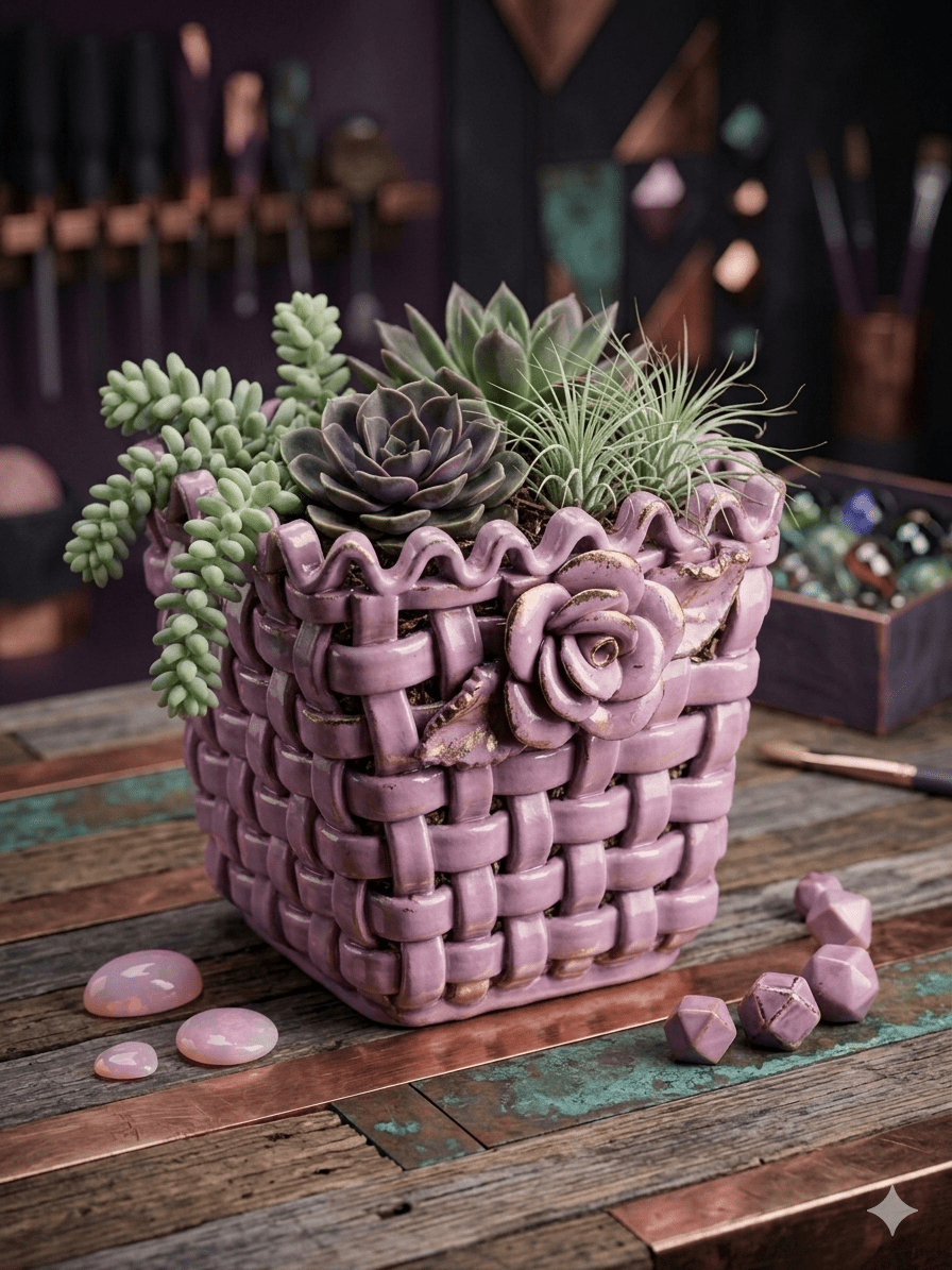 Vintage-Inspired Ceramic Woven Basket Planter with Rose Detail 