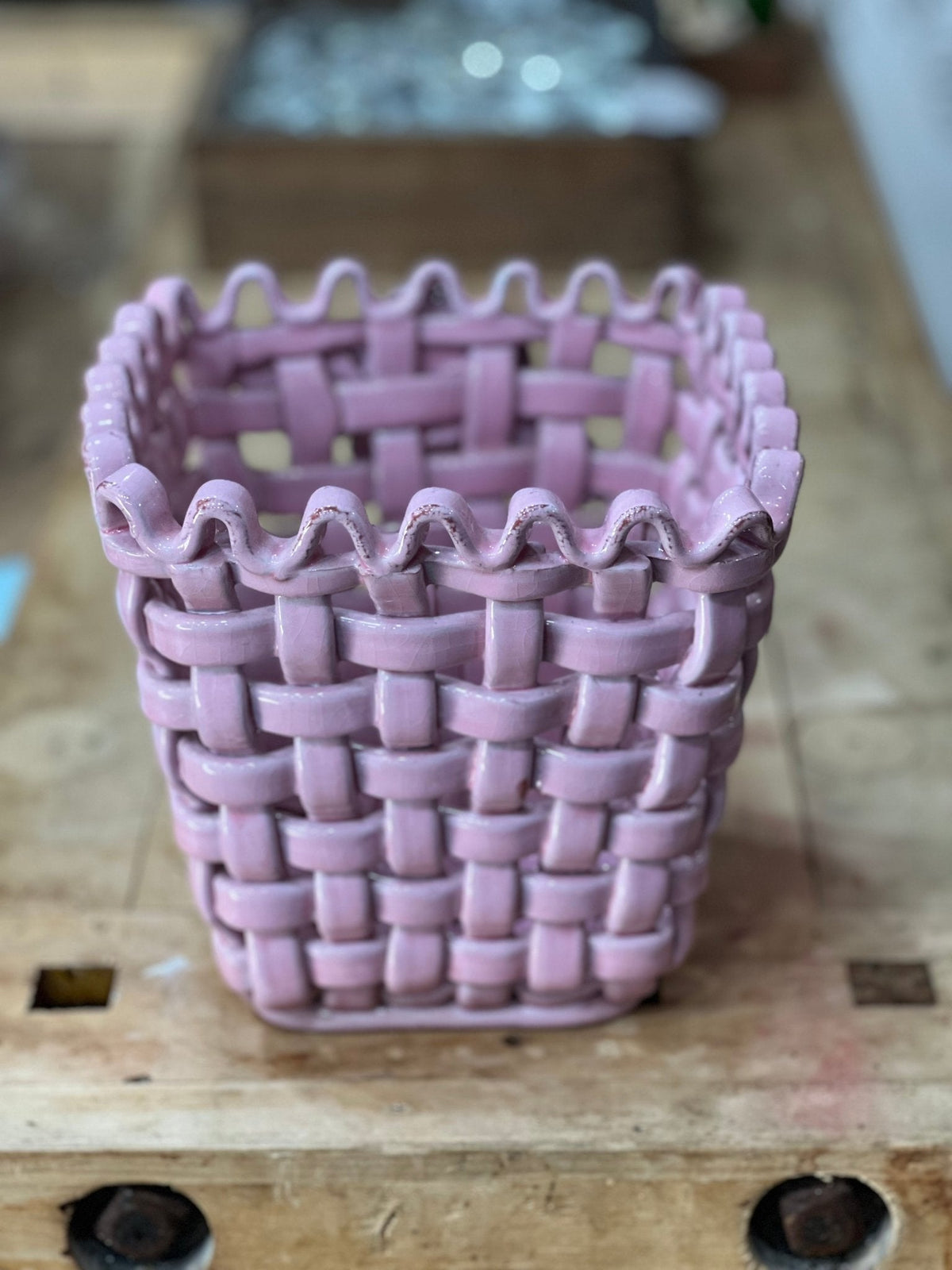Vintage-Inspired Ceramic Woven Basket Planter with Rose Detail 
