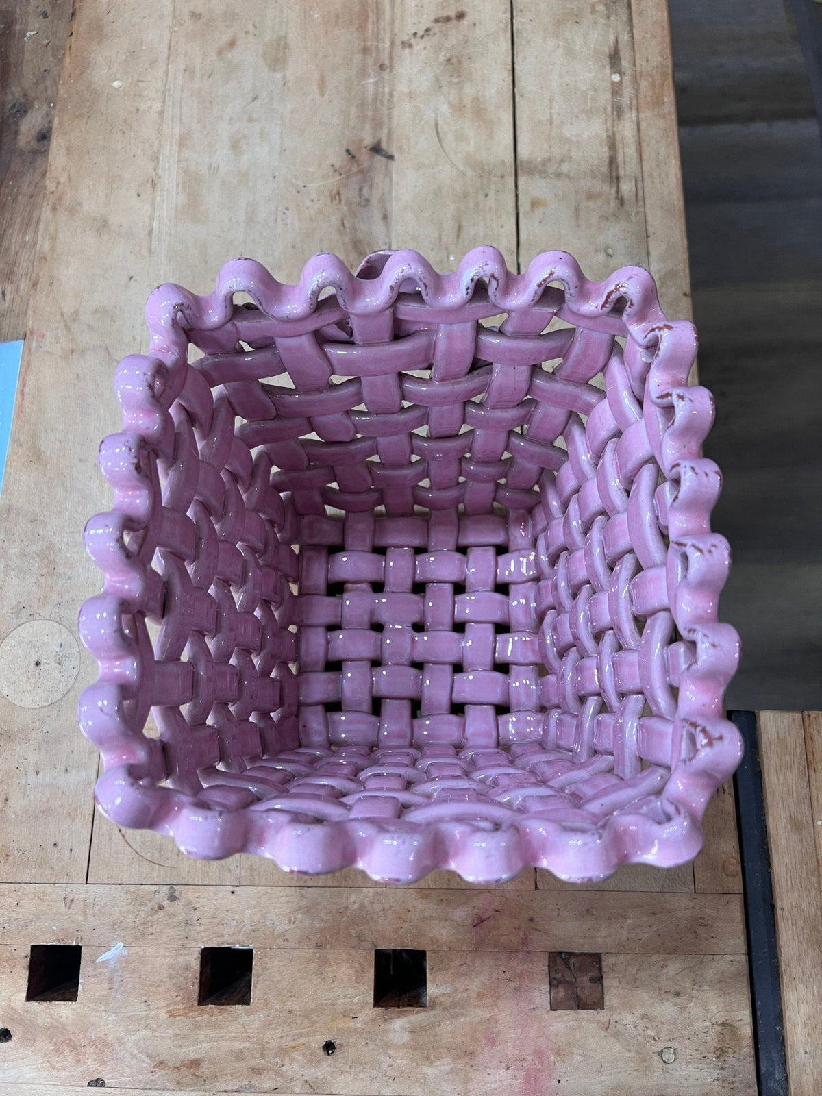 Vintage-Inspired Ceramic Woven Basket Planter with Rose Detail 