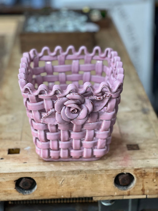 Vintage-Inspired Ceramic Woven Basket Planter with Rose Detail - The Mustard Seed Collection, The Seed