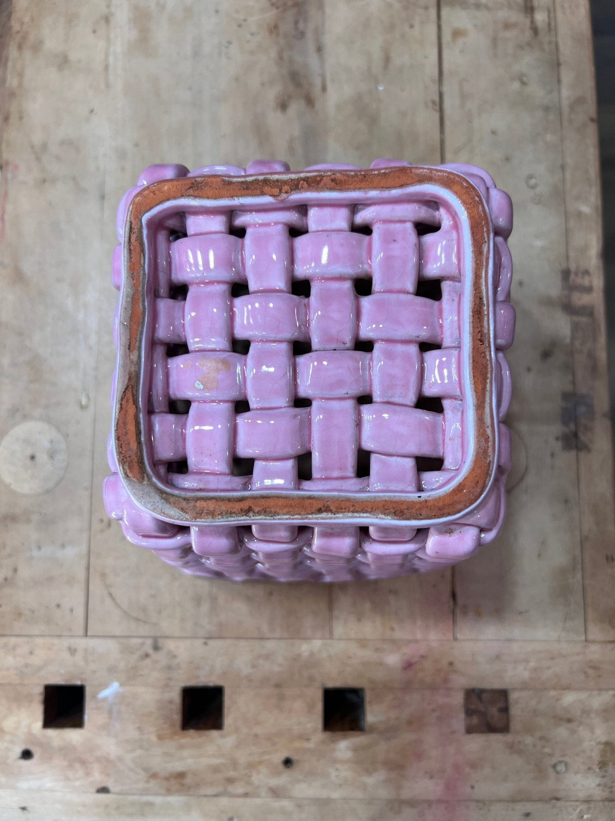 Vintage-Inspired Ceramic Woven Basket Planter with Rose Detail 