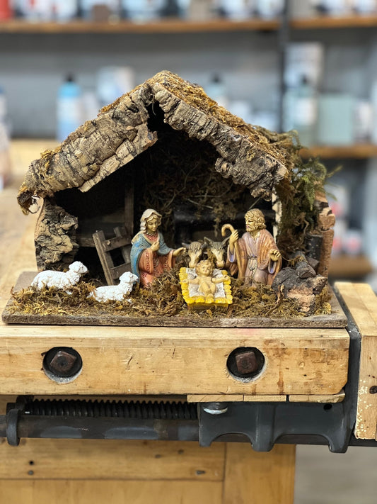 Vintage Italian-Style Moss &amp; Cork Nativity Stable Creche Set