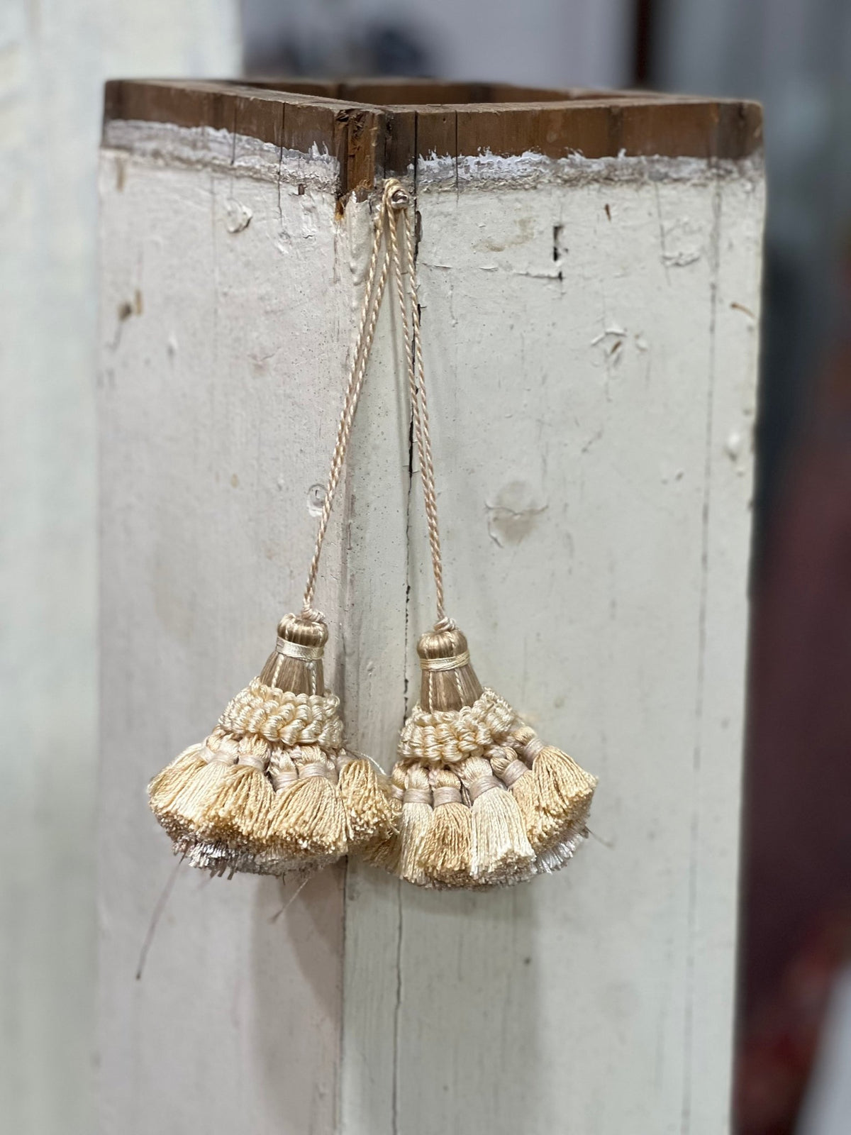 Vintage Luxury Passementerie Key Tassels – Cream & Gold Bullion Accent Pair, 7.5"