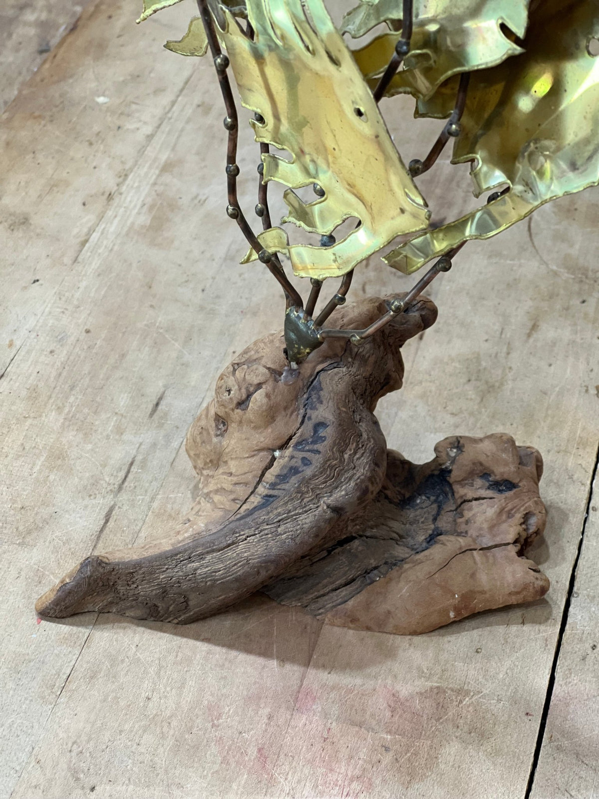 Vintage M. Hinz Signed Brass & Driftwood Marine Fish Sculpture (1987) – 12" x 8" 